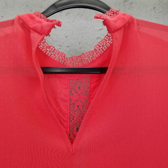 Allsaints Lilith Dress Sz 6 Eyelet Fit & Flare A-Line Coral Red Lace Sheer Lined - Picture 13 of 16
